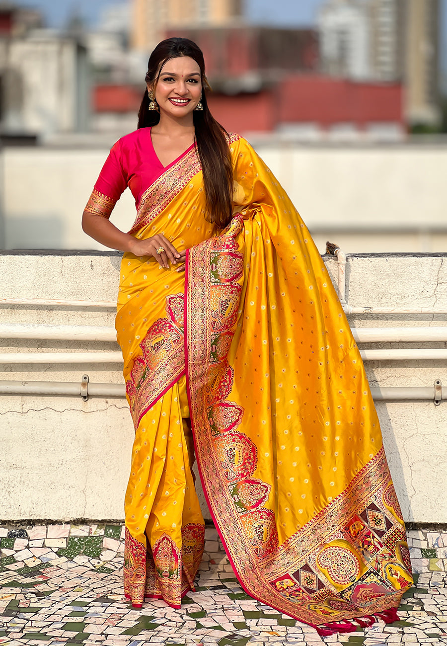 Mustard Pashmina silk saree with zari woven design