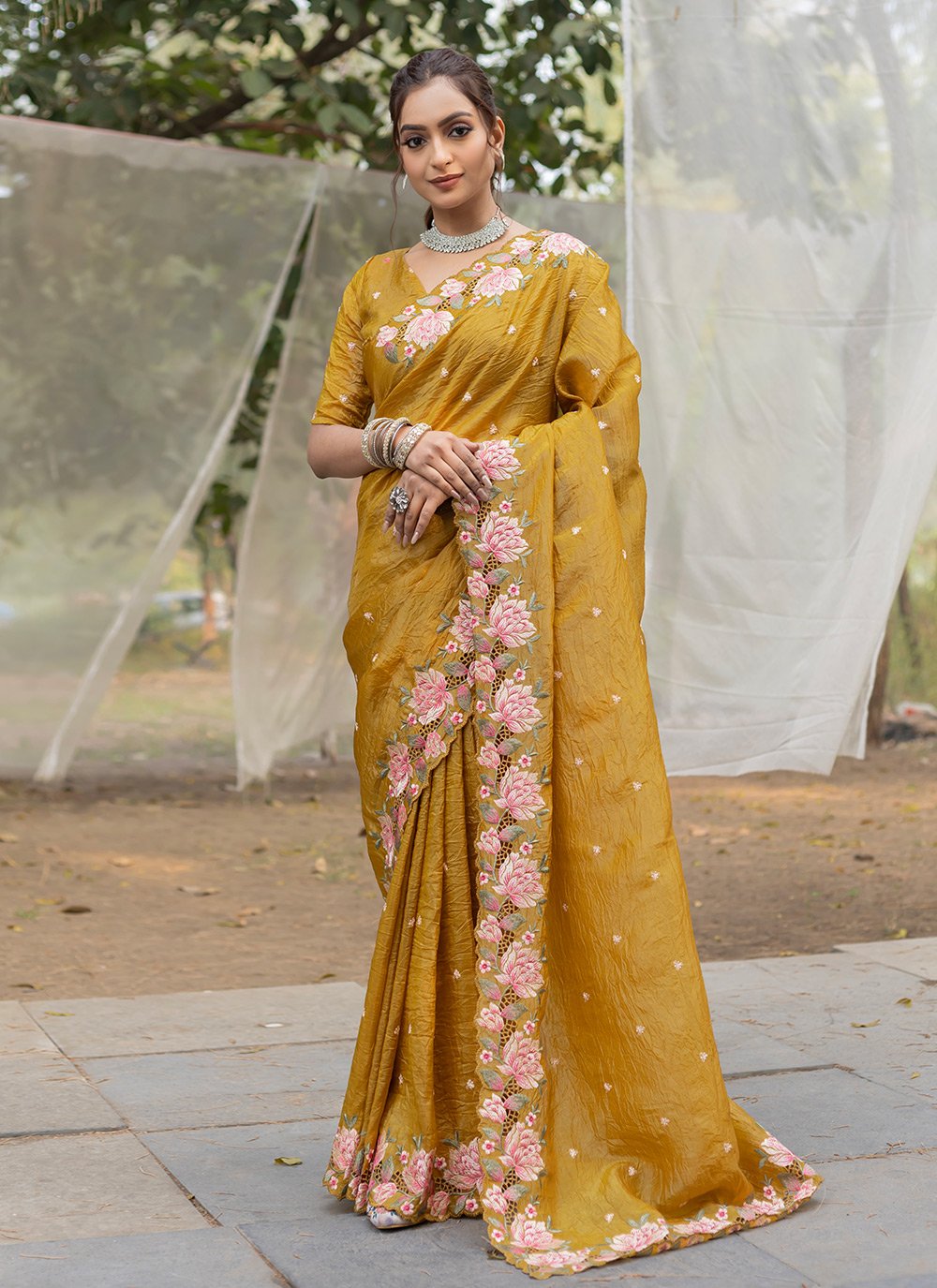 Mustard Silk Saree with Embroidery & Cut Work – Pure Crush Silk Saree