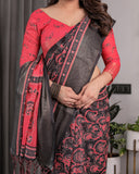 Heritage Crimson Red & Black Handloom Linen Saree with Zari Border