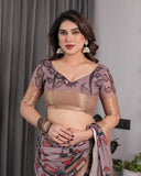 Dusty Mauve Saree with Madhubani Fish Motifs & Antique Zari Border | Cultural Art Digital Print | 5.5m Saree + 0.8m Blouse Piece