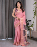 Peach Handloom Cotton Saree with Illustrated Story Panel Prints & Zari Border | Artistic Ethnic Wear | 5.5m Saree + 0.8m Blouse Piece