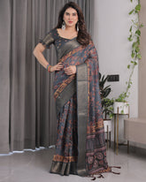 Charcoal Grey Digital Printed Saree with Maroon Floral & Tribal Border Motifs | Antique Zari Highlights | 5.5m Saree + 0.8m Blouse Piece