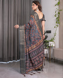 Charcoal Grey Digital Printed Saree with Maroon Floral & Tribal Border Motifs | Antique Zari Highlights | 5.5m Saree + 0.8m Blouse Piece