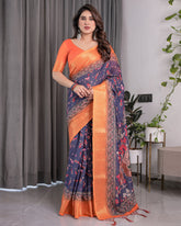 Vibrant Orange & Navy Blue Handloom Saree with Kalamkari Peacock Art Pallu & Zari Border | 5.5m Saree + 0.8m Blouse Piece