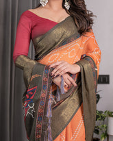 Dual-Tone Mustard & Olive Handloom Saree with Kalamkari-Inspired Bird Motifs & Zari Border | 5.5m Saree + 0.8m Blouse