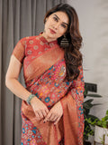 Graceful Rust Orange Floral Cotton Linen Saree with Zari Border & Tassels
