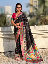 Black Pure Viscose Silk Meenakari Zari Motif Saree with Folk Art Pallu and Brocade Blouse
