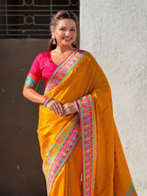 Mustard Pure Viscose Silk Meenakari Zari Motif Saree with Folk Art Pallu and Brocade Blouse