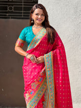 Pink Pure Viscose Silk Meenakari Zari Motif Saree with Folk Art Pallu and Brocade Blouse