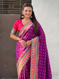 Purple Pure Viscose Silk Meenakari Zari Motif Saree with Folk Art Pallu and Brocade Blouse