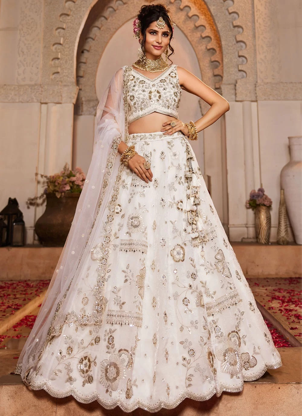 Off White Tissue Affordable Wedding Lehenga with Sequins & Moti Work