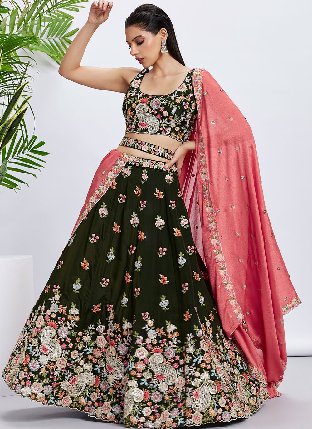 Olive Organza Sangeet Lehenga with Sequins Work and Waist Belt