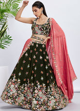 Olive Organza Sangeet Lehenga with Sequins Work and Waist Belt