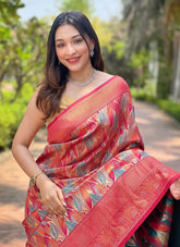 Pink Kanchipattu Silk Party Wear Saree with All-Over Weaves & Contrast Border