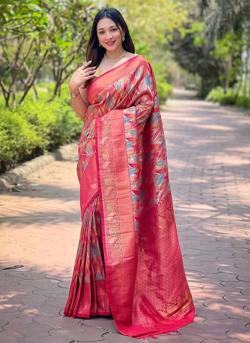 Pink Kanchipattu Silk Party Wear Saree with All-Over Weaves & Contrast Border