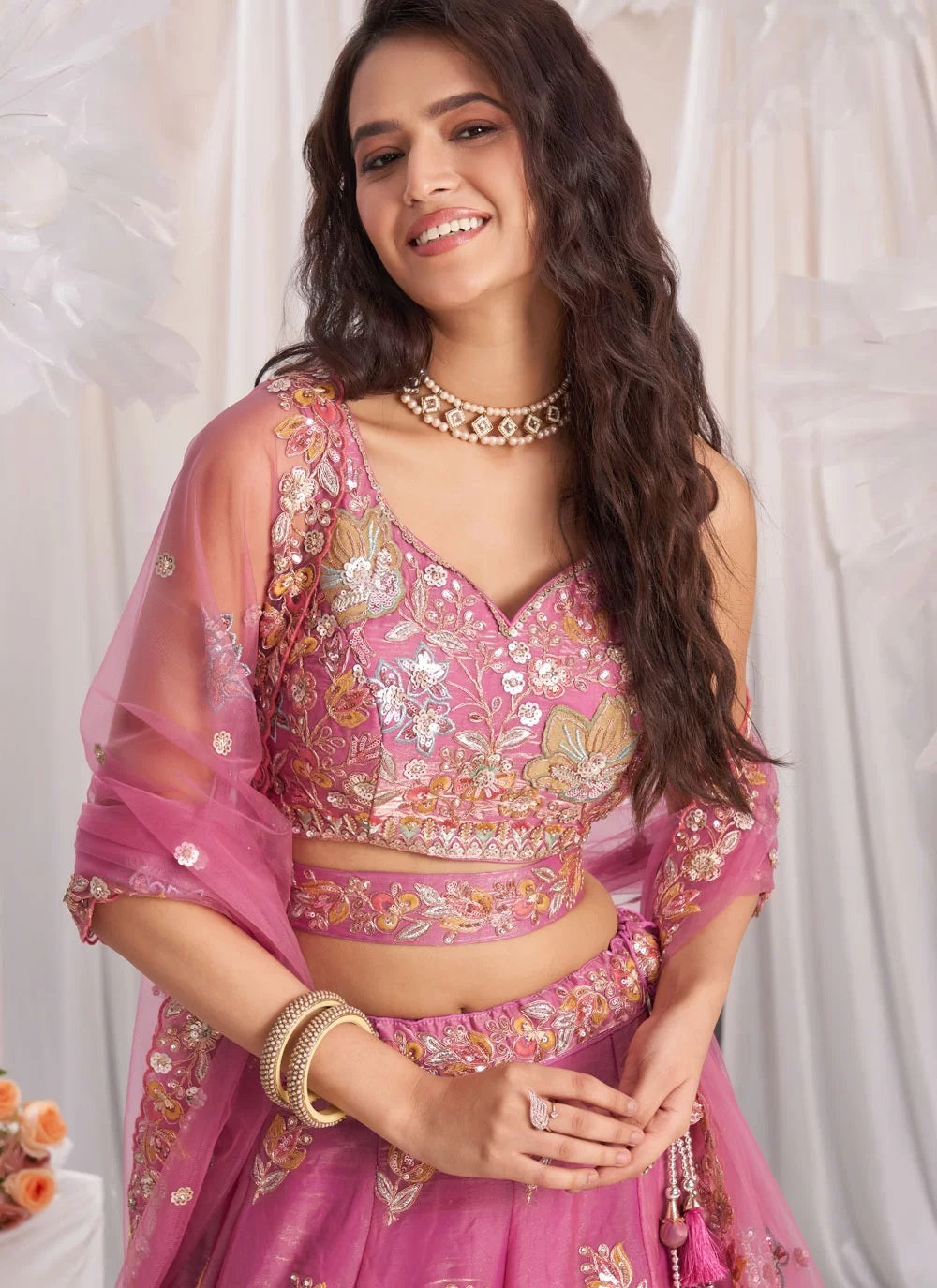pink Organza Lehenga