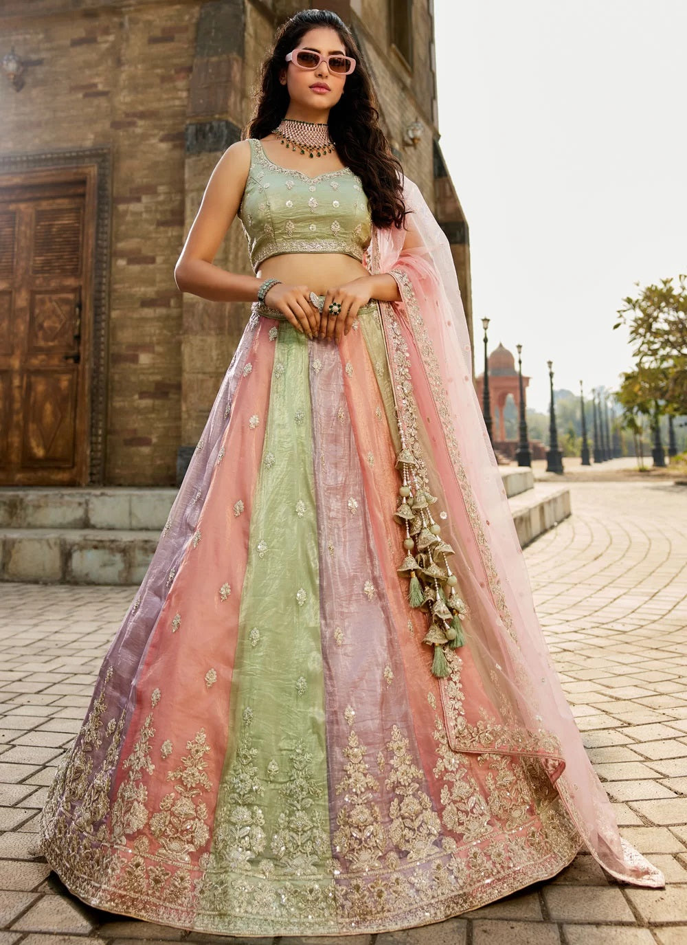 Pink Tissue Lehenga for Sangeet with Sequins & Moti Work