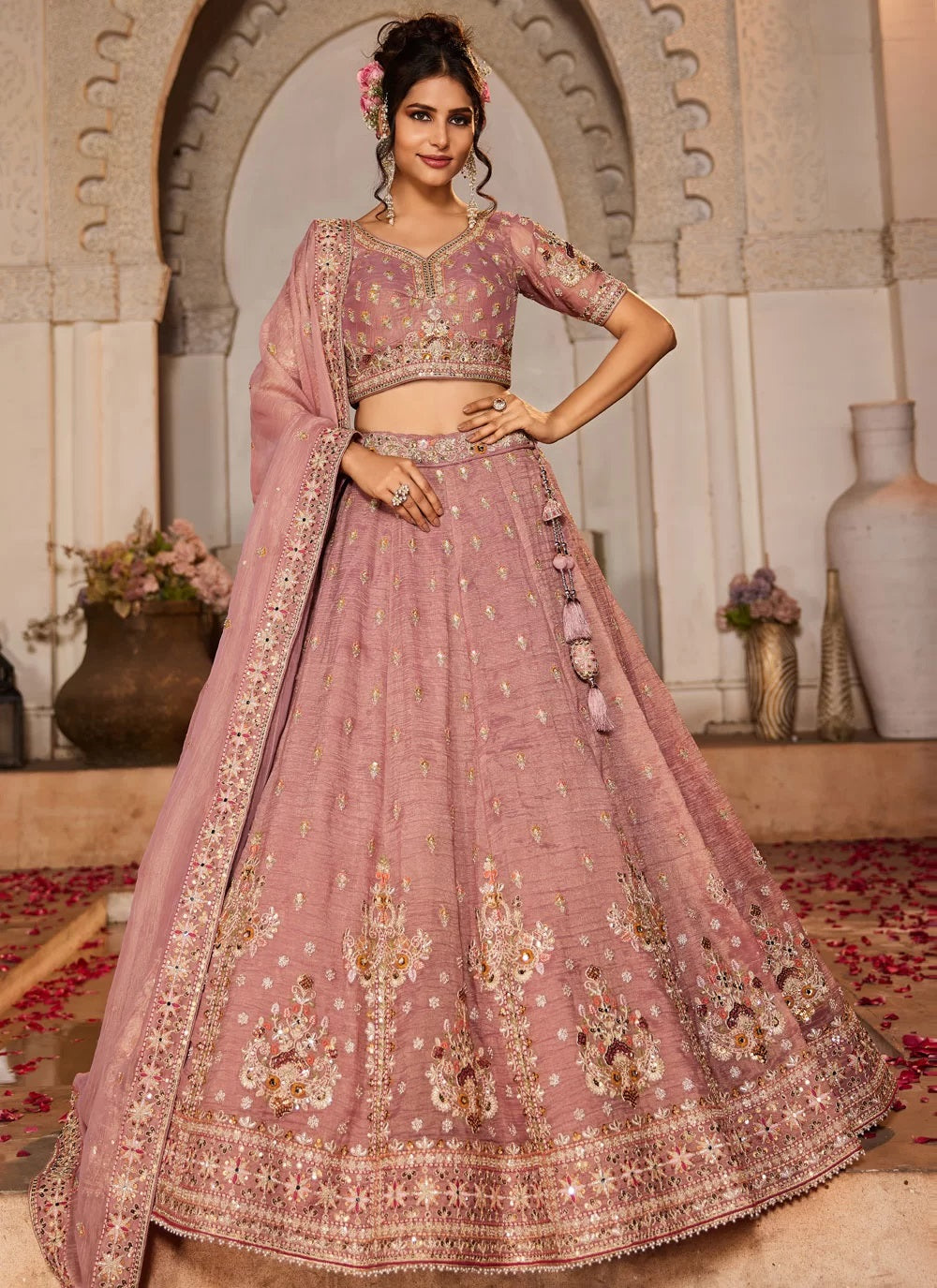 Designer Pink Tissue Lehenga for Women with Moti and Sequins Embroidery