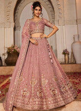 Designer Pink Tissue Lehenga for Women with Moti and Sequins Embroidery