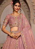 Designer Pink Tissue Lehenga for Women with Moti and Sequins Embroidery