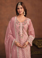 Pink Soft Organza Straight Suit with Embroidery Work for Women