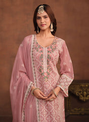 Pink Soft Organza Straight Suit with Embroidery Work for Women
