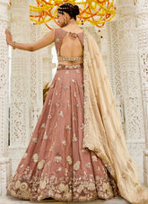 Designer beige satin silk lehenga choli for weddings