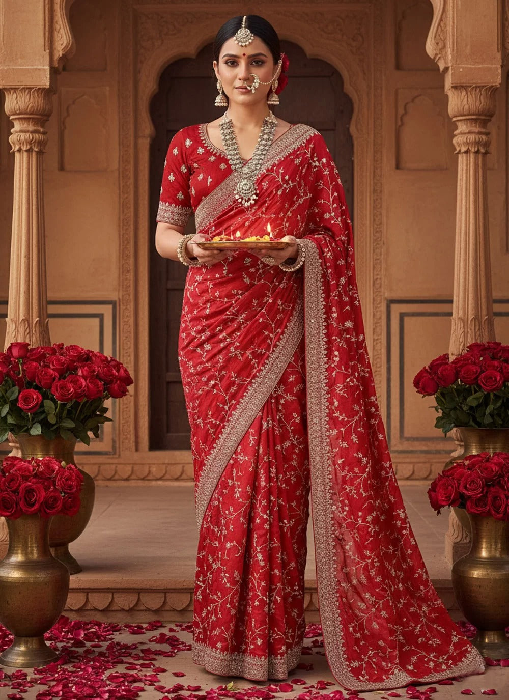 Elegant red festive saree in satin silk with embroidery