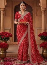 Elegant red festive saree in satin silk with embroidery