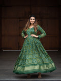 Green Color Digital Bandhej Printed Pure Gaji Silk Dress