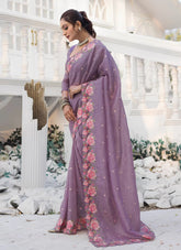 Purple Wedding Saree in Crush Silk with Embroidery Work