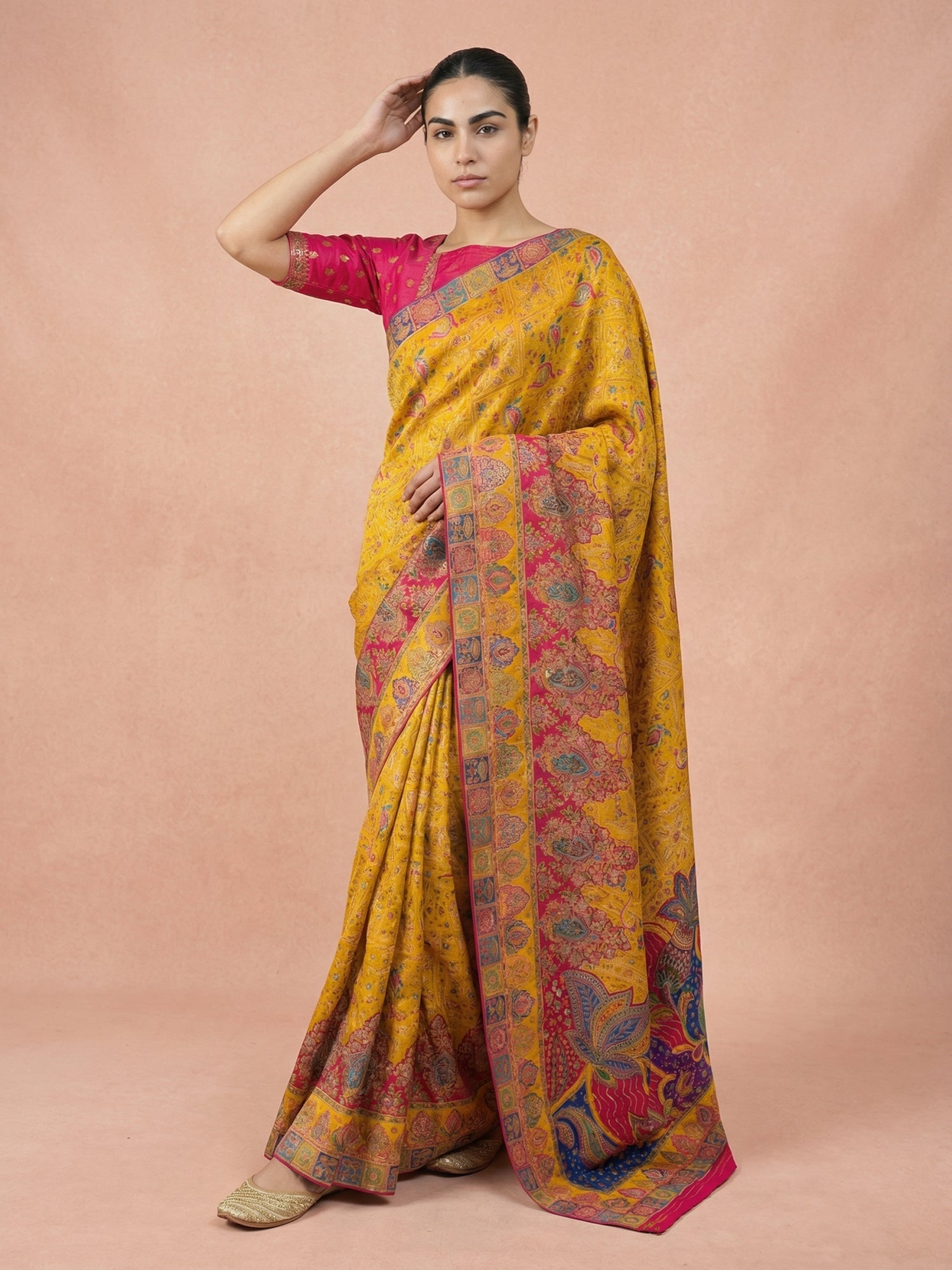 yellow haldi function viscose silk saree with meenakari weaving