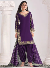 Purple festive wear Patiyala suit with Chanderi dupatta