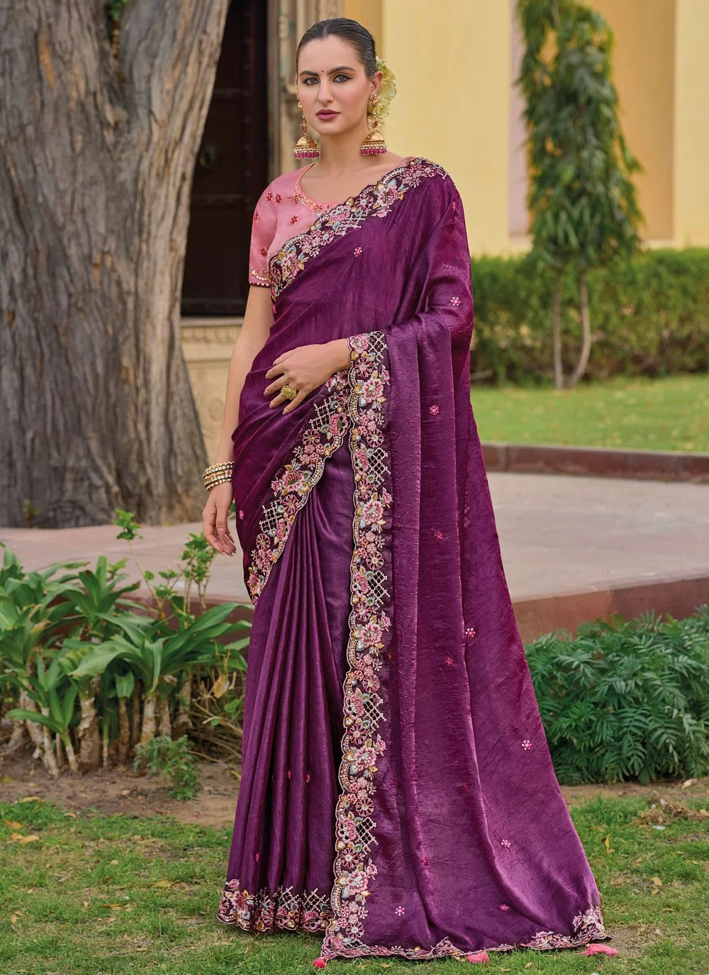 Elegant purple tissue silk saree with stone and embroidery border