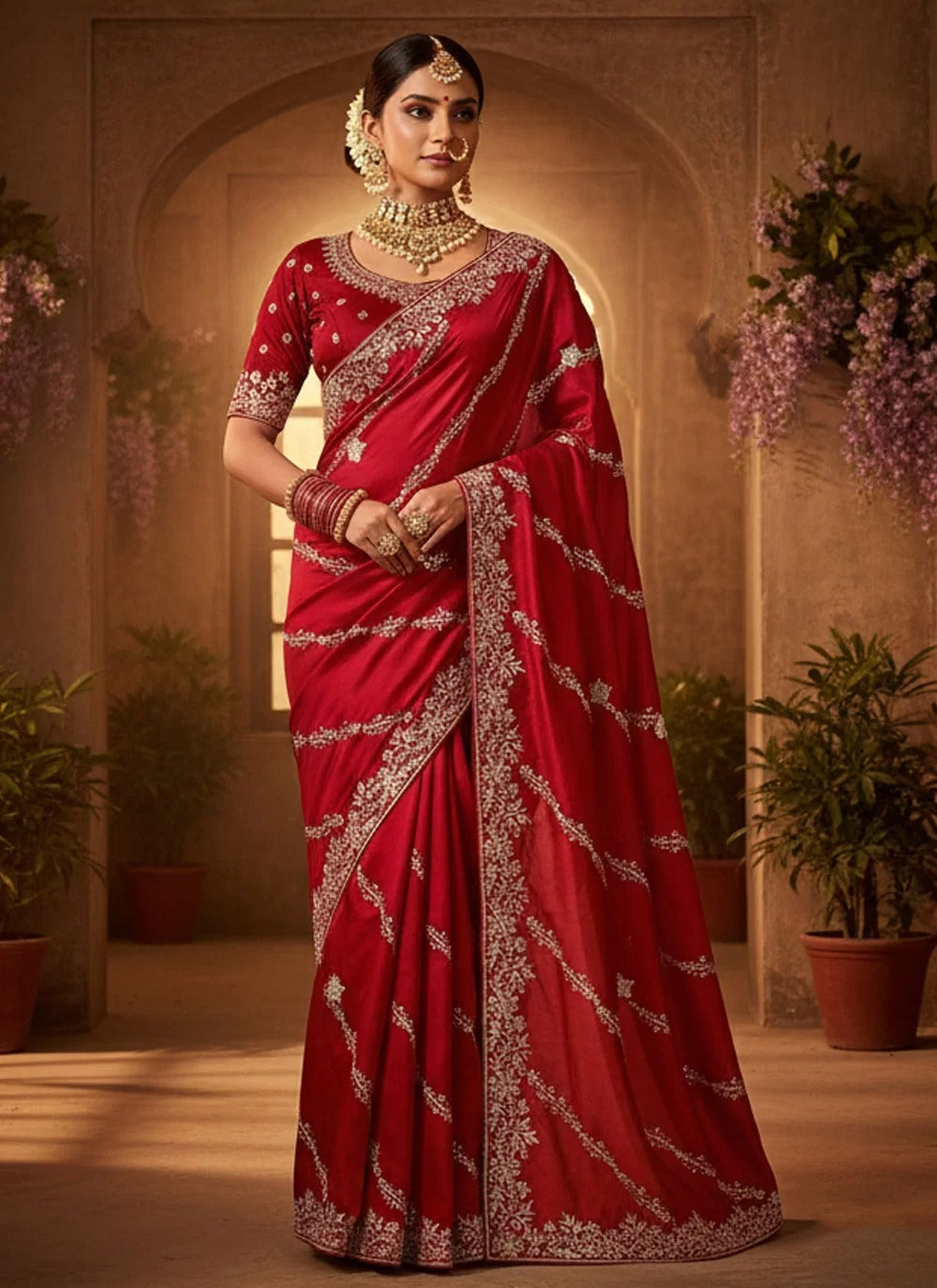 Designer red satin silk saree with matching blouse piece for Karwa Chauth