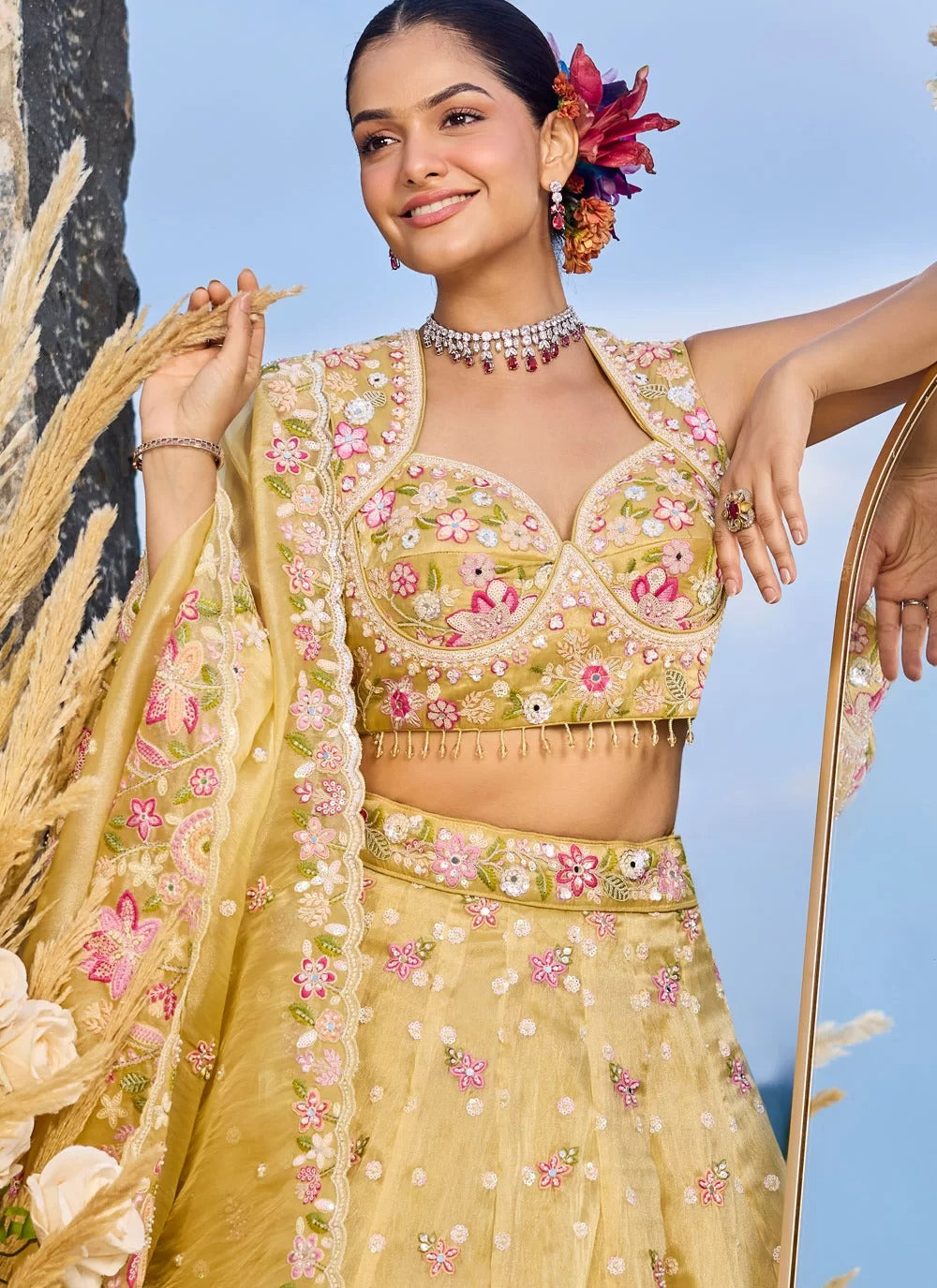 yellow organza wedding lehenga