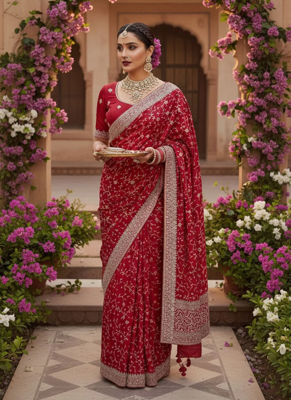 Bridal-inspired red saree for Karwa Chauth with embroidery and stone accents
