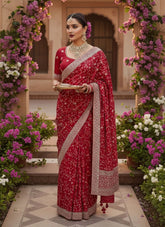 Bridal-inspired red saree for Karwa Chauth with embroidery and stone accents