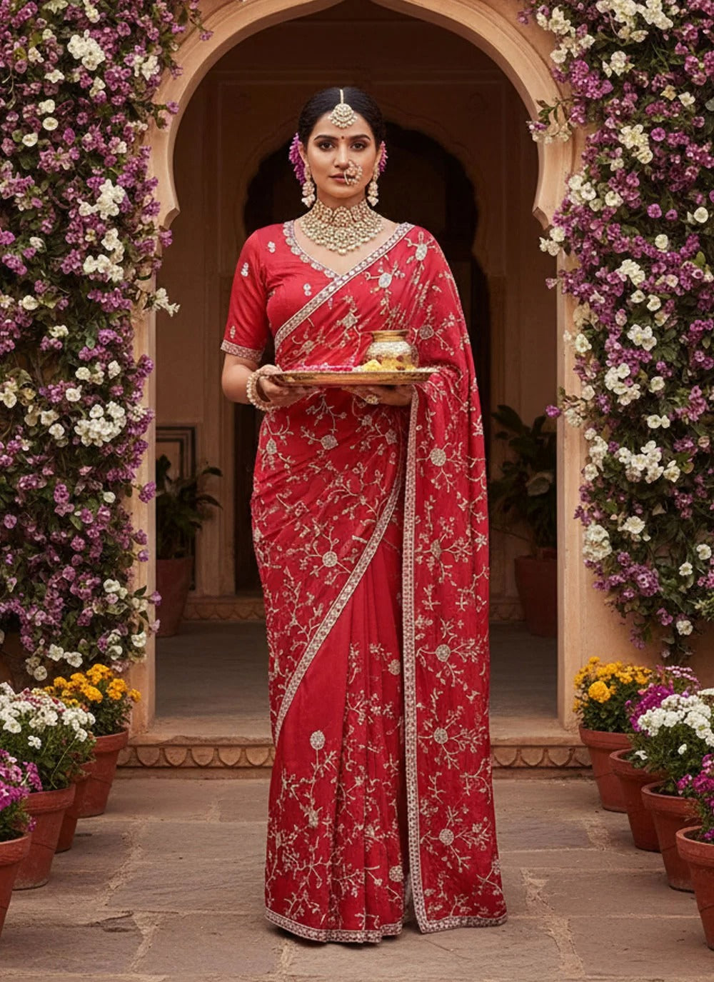 Karwa Chauth Special Red Saree with Stone Work