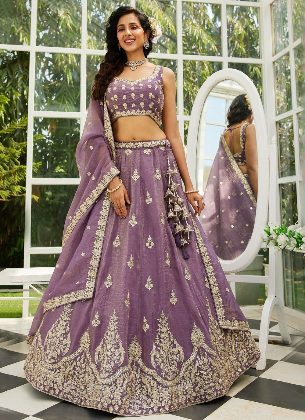 Royal Purple Sequins & Moti Embroidered Organza Semi-Stitched Lehenga Choli With Dupatta