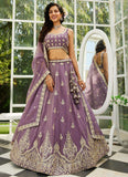 Royal Purple Sequins & Moti Embroidered Organza Semi-Stitched Lehenga Choli With Dupatta