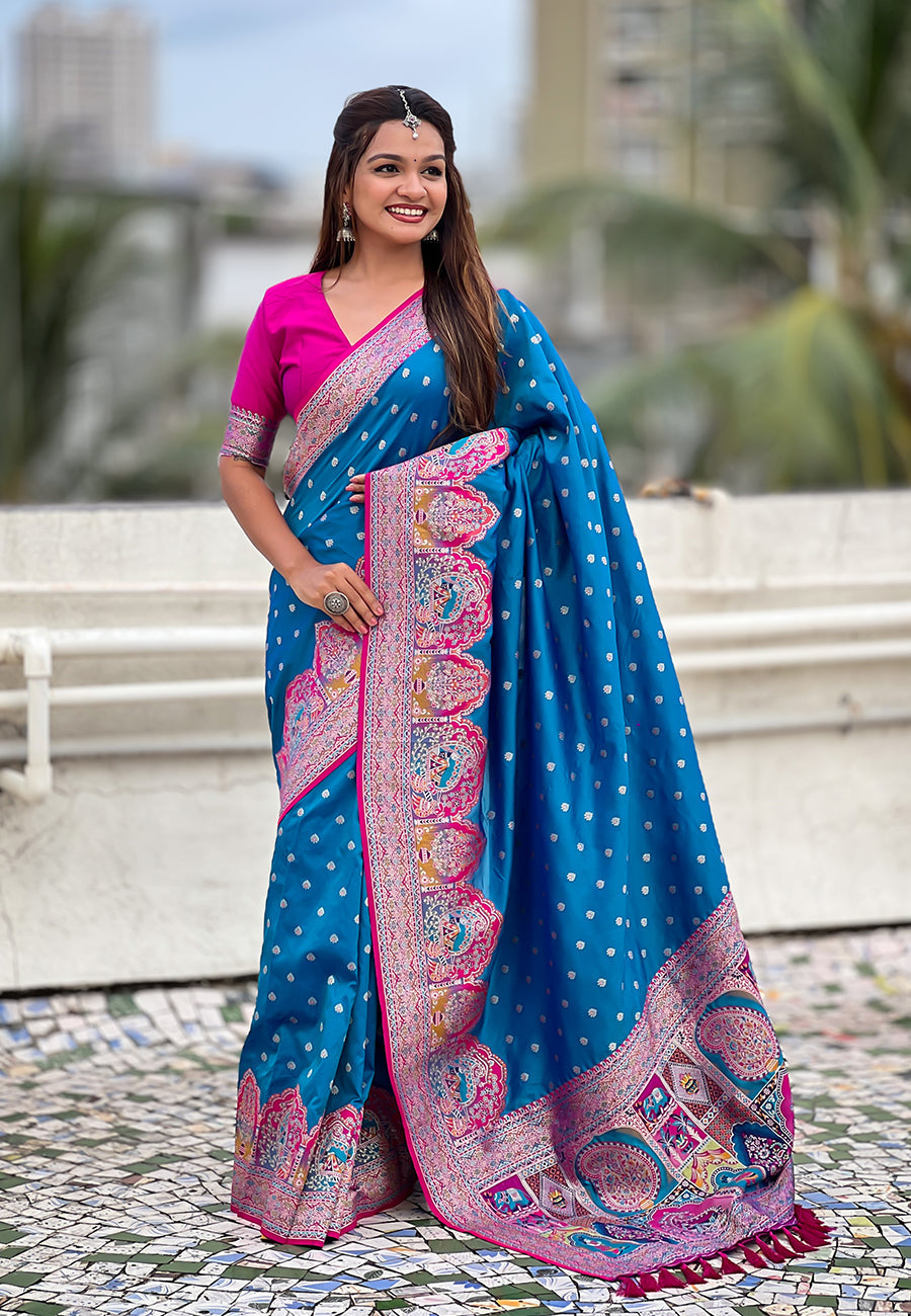 Royal blue Pashmina silk zari woven saree with meenakari border