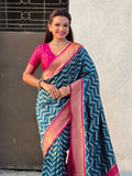 premium denim blue silk saree with artistic pichwai design pallu