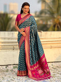 denim blue soft silk saree with ikat motifs and zari weaving design
