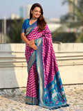 soft silk saree with ikat motifs and zari weaving design