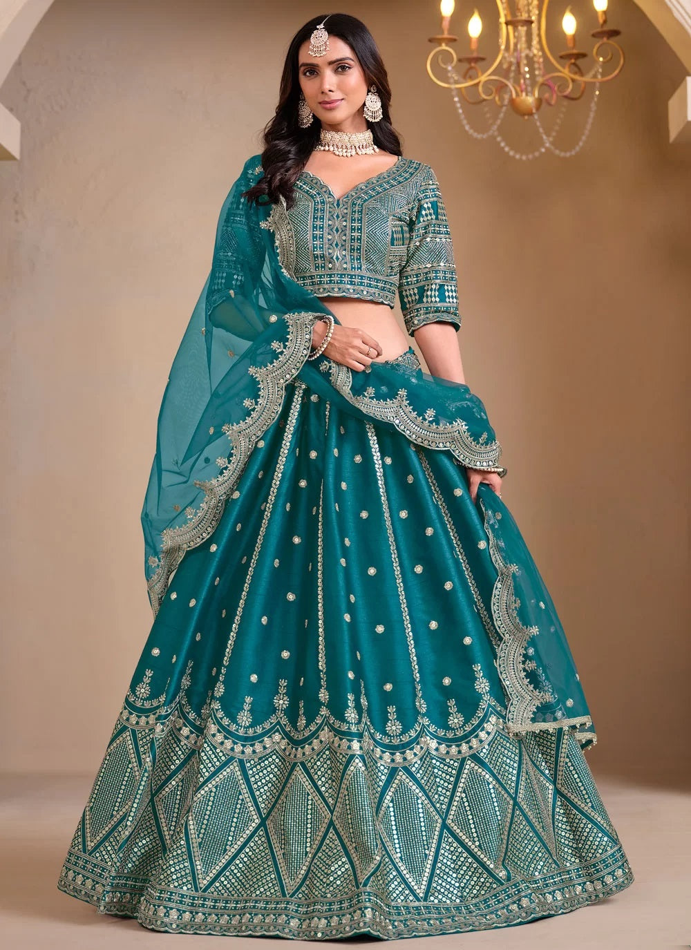 Sea Green Mirror Embroidered Party Wear Lehenga
