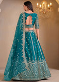 Art Silk Lehenga with Mirror Work in Sea Green