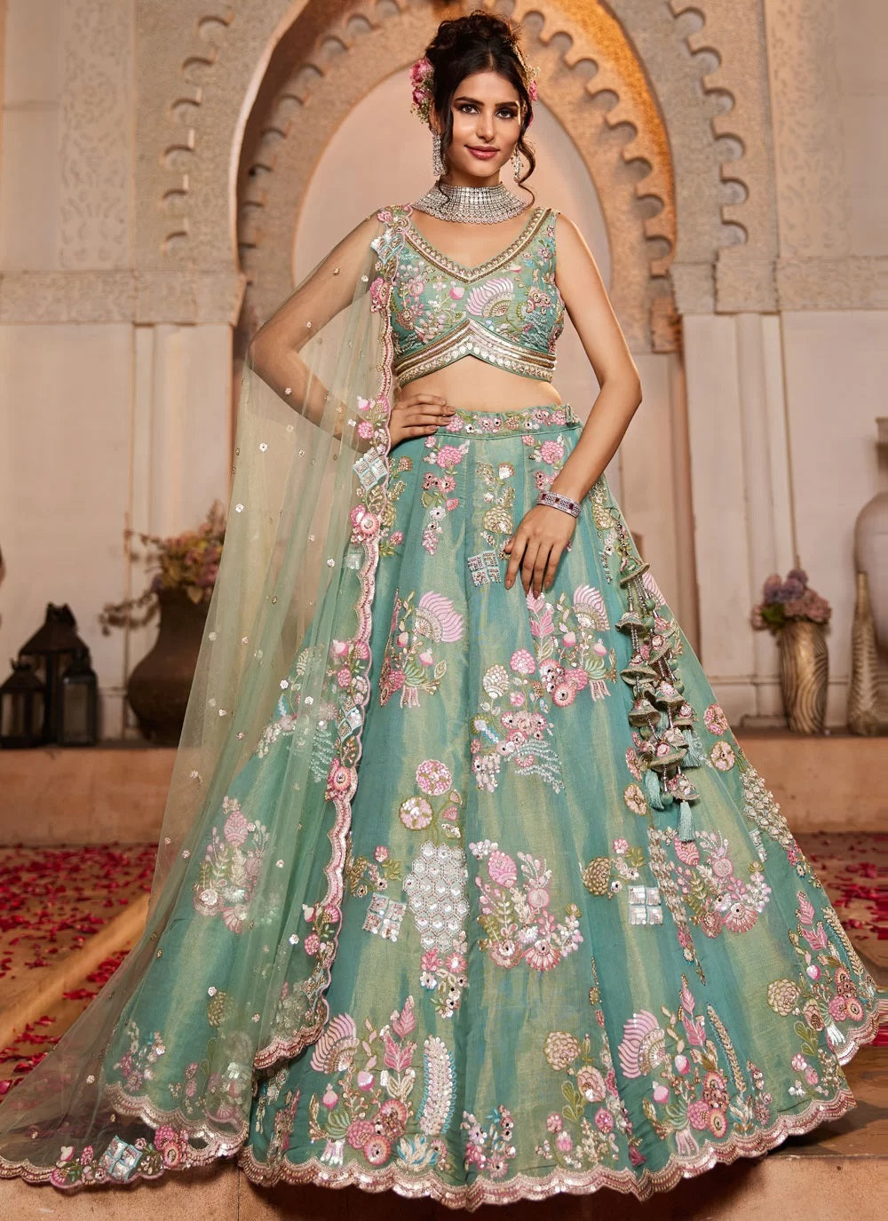 Seagreen Net Wedding Lehenga with Zarkan & Sequins Embroidery