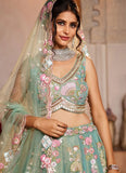 Elegant Wedding Wear Lehenga in Seagreen Net Fabric