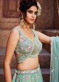 Seagreen Tissue Lehenga Choli with Moti & Sequins Embroidery